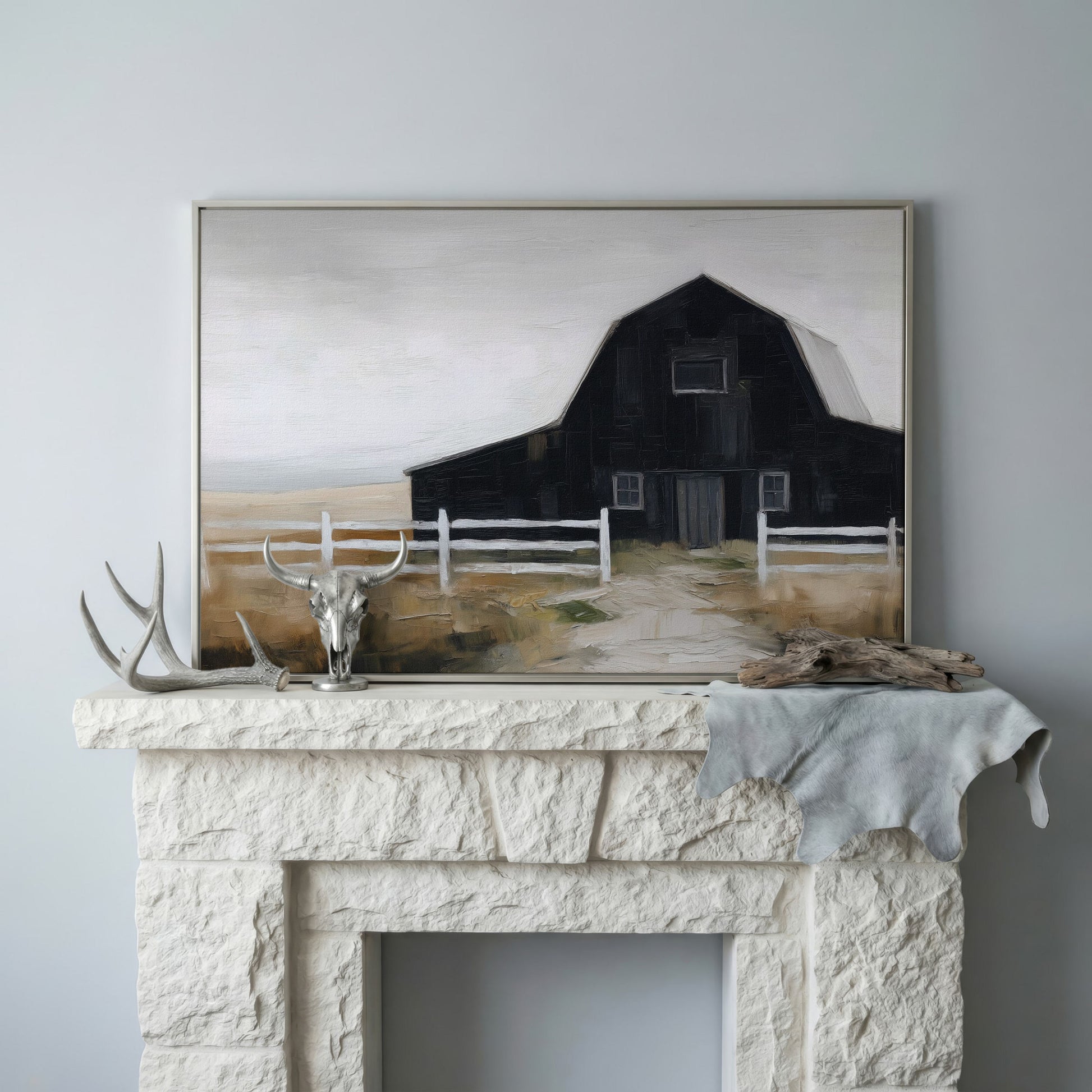 Dark Barn and White Fence Rural Canvas Wall Art in silver floating frame