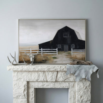Dark Barn and White Fence Rural Canvas Wall Art in silver floating frame