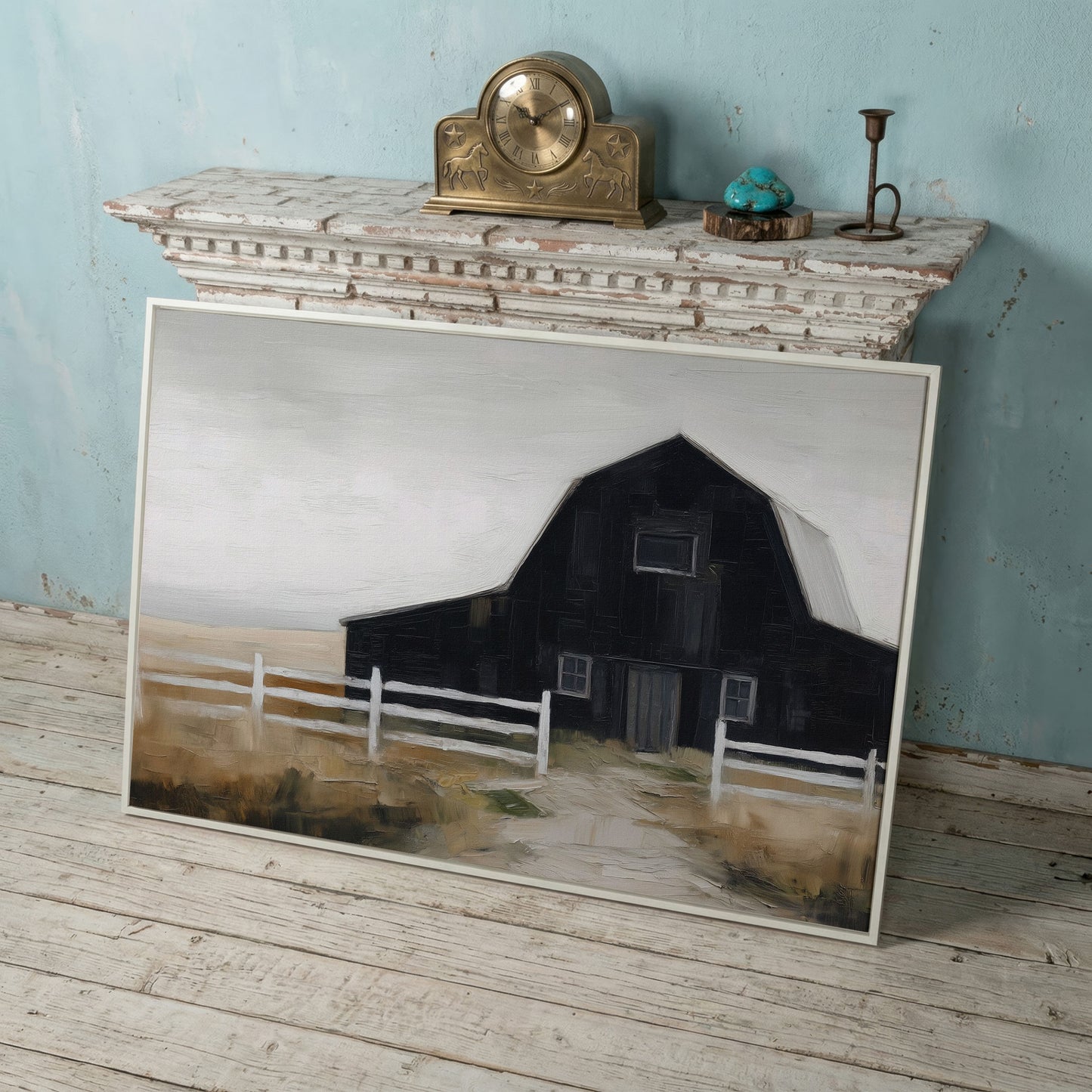 Dark Barn and White Fence Rural Canvas Wall Art in white floating frame