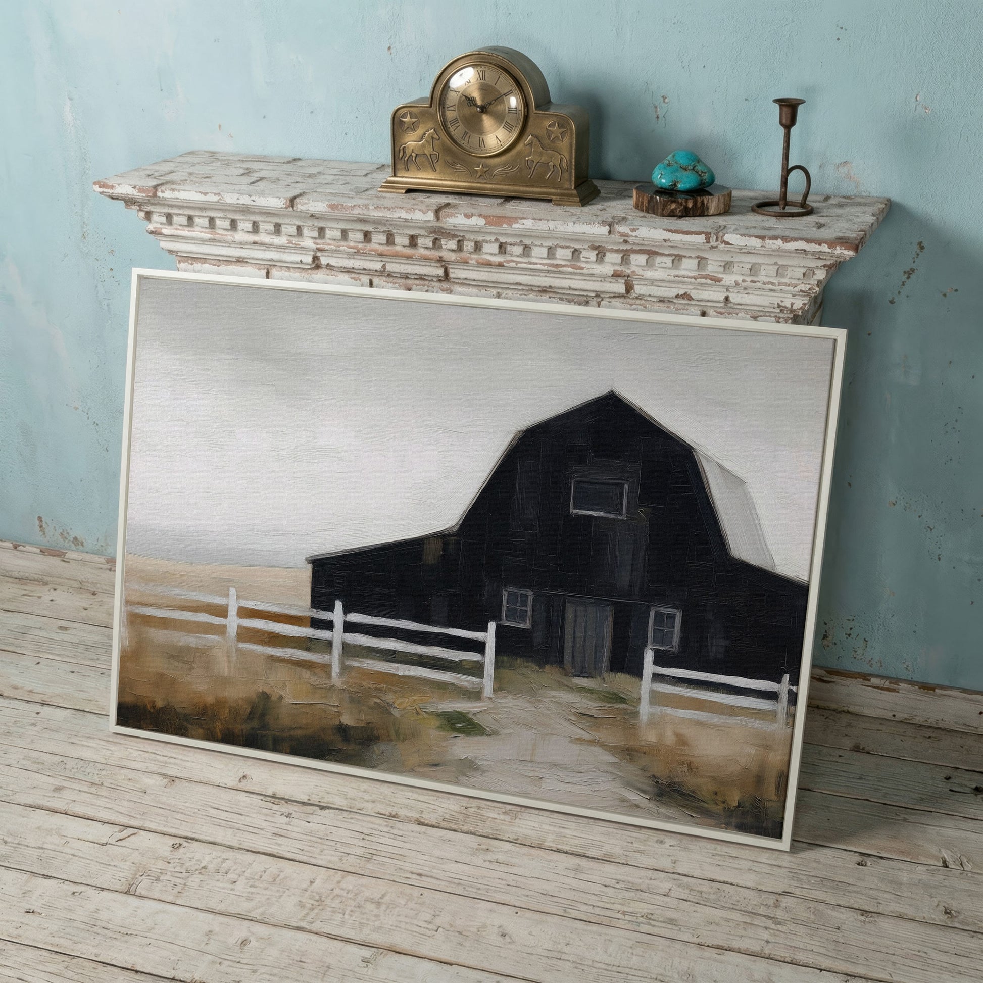 Dark Barn and White Fence Rural Canvas Wall Art in white floating frame