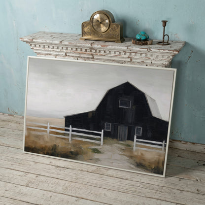 Dark Barn and White Fence Rural Canvas Wall Art in white floating frame
