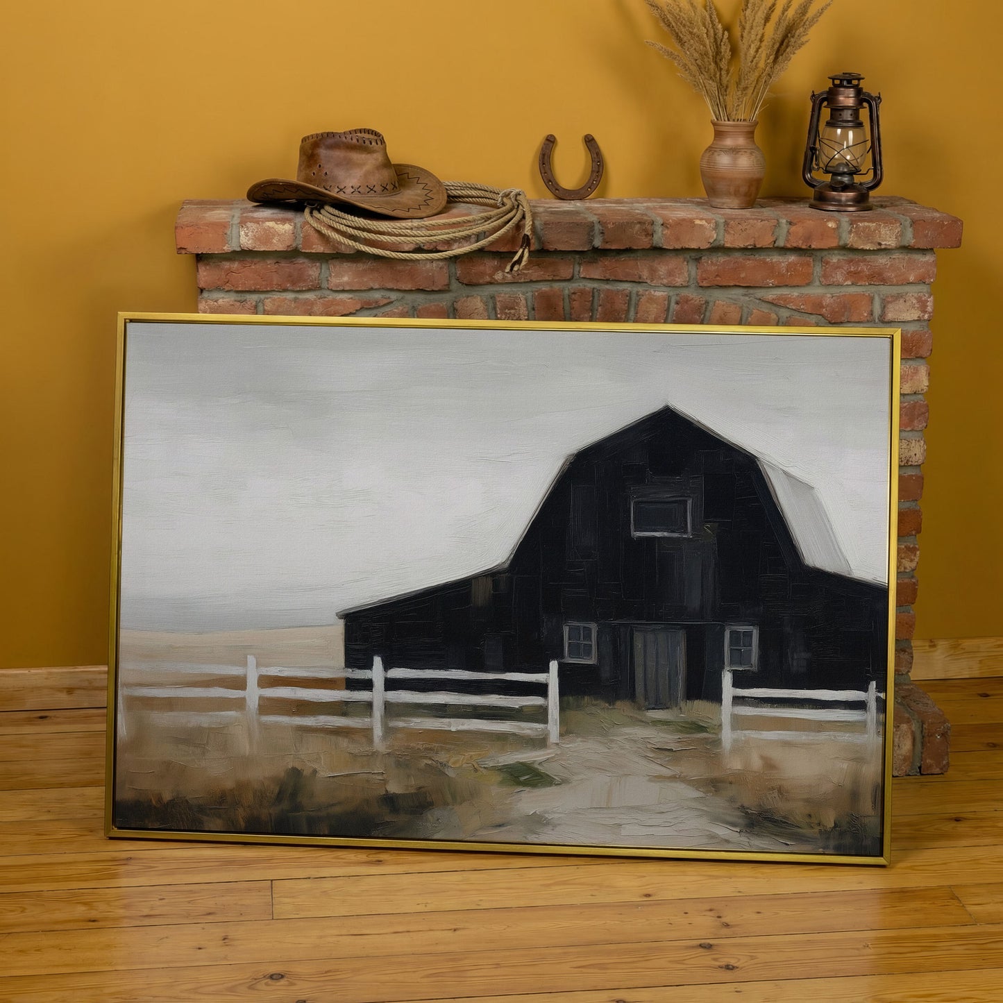 Dark Barn and White Fence Rural Canvas Wall Art in yellow gold floating frame