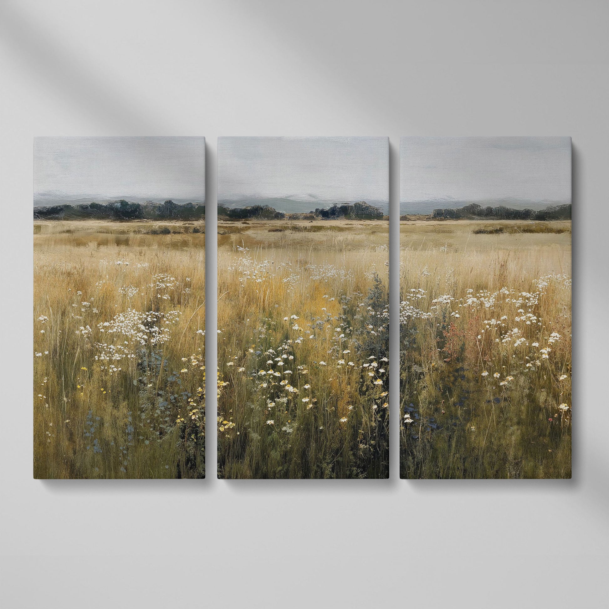 Prairie Wildflowers and Soft Sky. Landscape Canvas Art as 3-panel split version