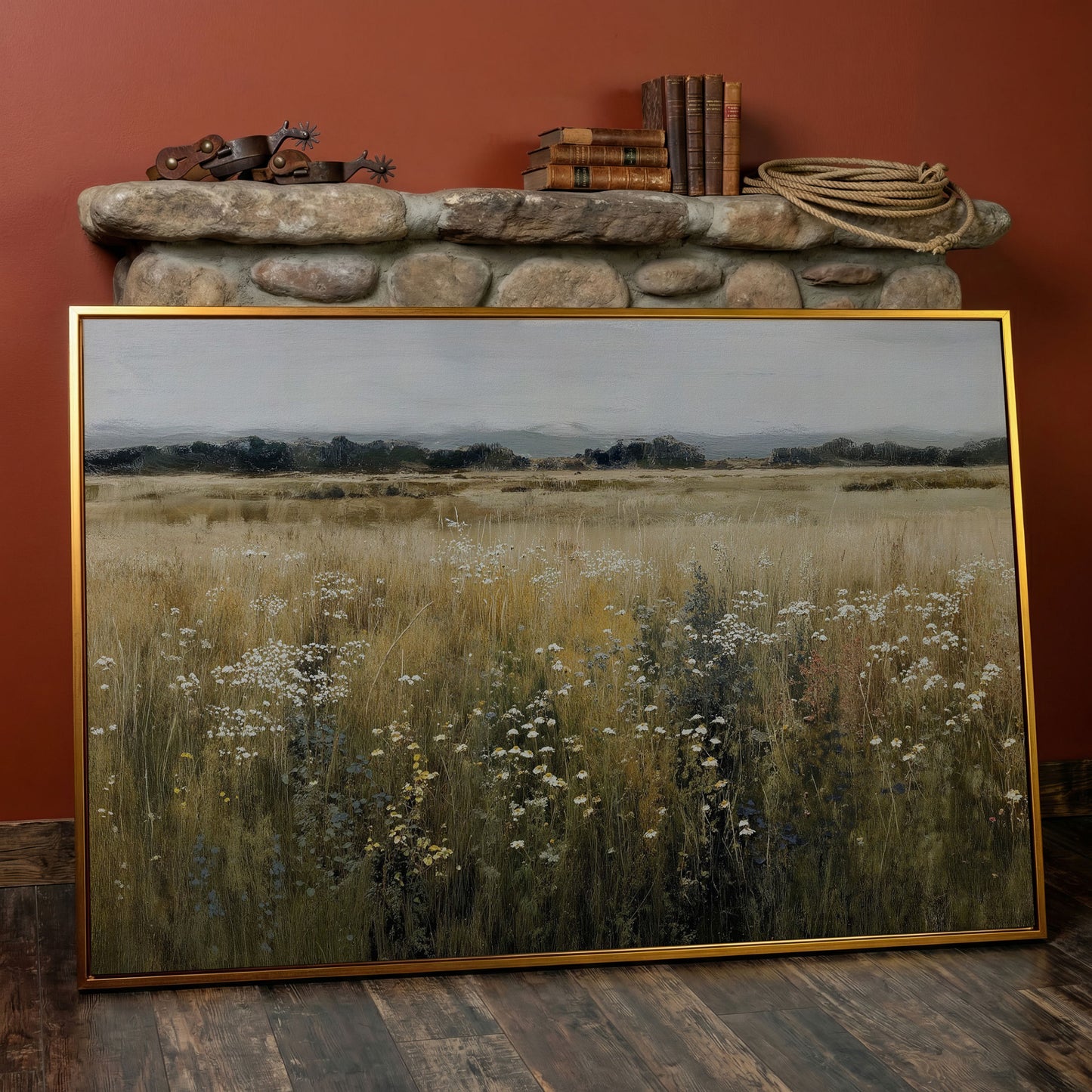 Prairie Wildflowers and Soft Sky. Landscape Canvas Art in antique gold floating frame