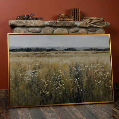 Prairie Wildflowers and Soft Sky. Landscape Canvas Art in antique gold floating frame
