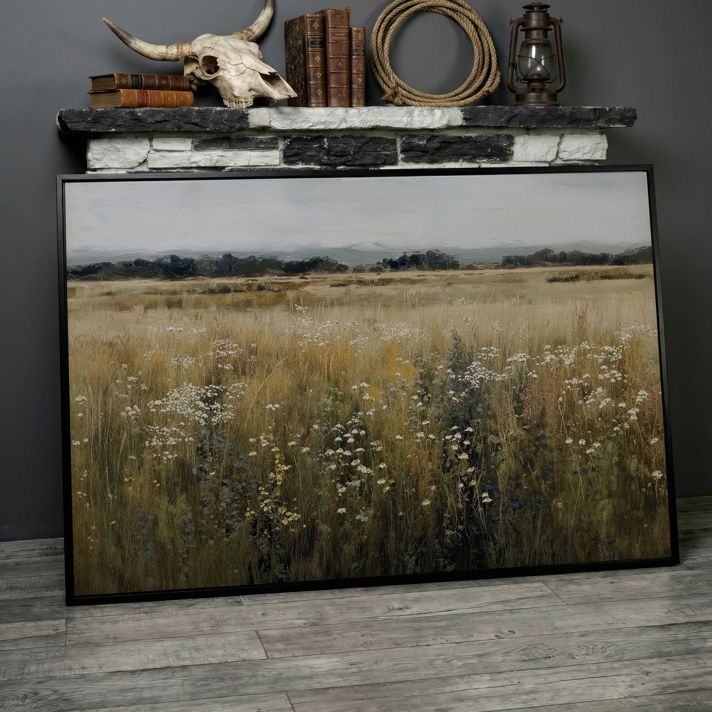 Prairie Wildflowers and Soft Sky. Landscape Canvas Art in black floating frame