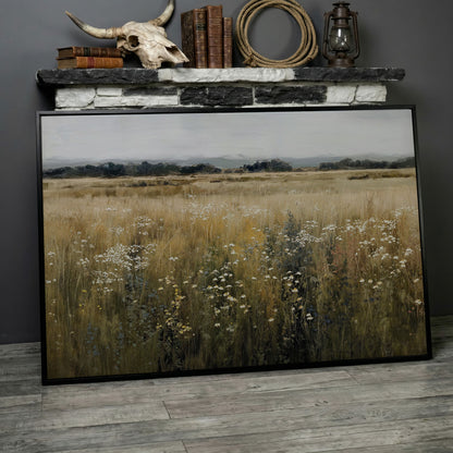 Prairie Wildflowers and Soft Sky. Landscape Canvas Art in black floating frame
