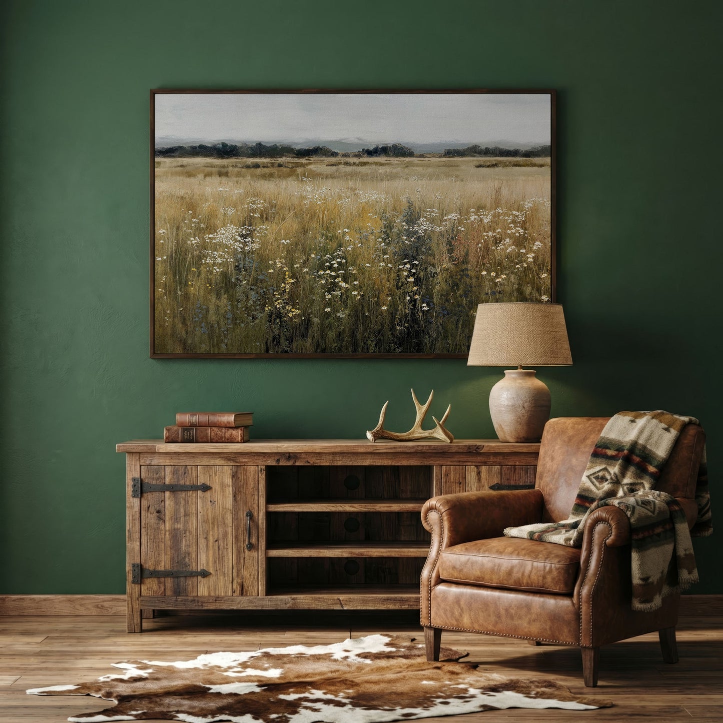 Prairie Wildflowers and Soft Sky. Landscape Canvas Art in dark walnut floating frame