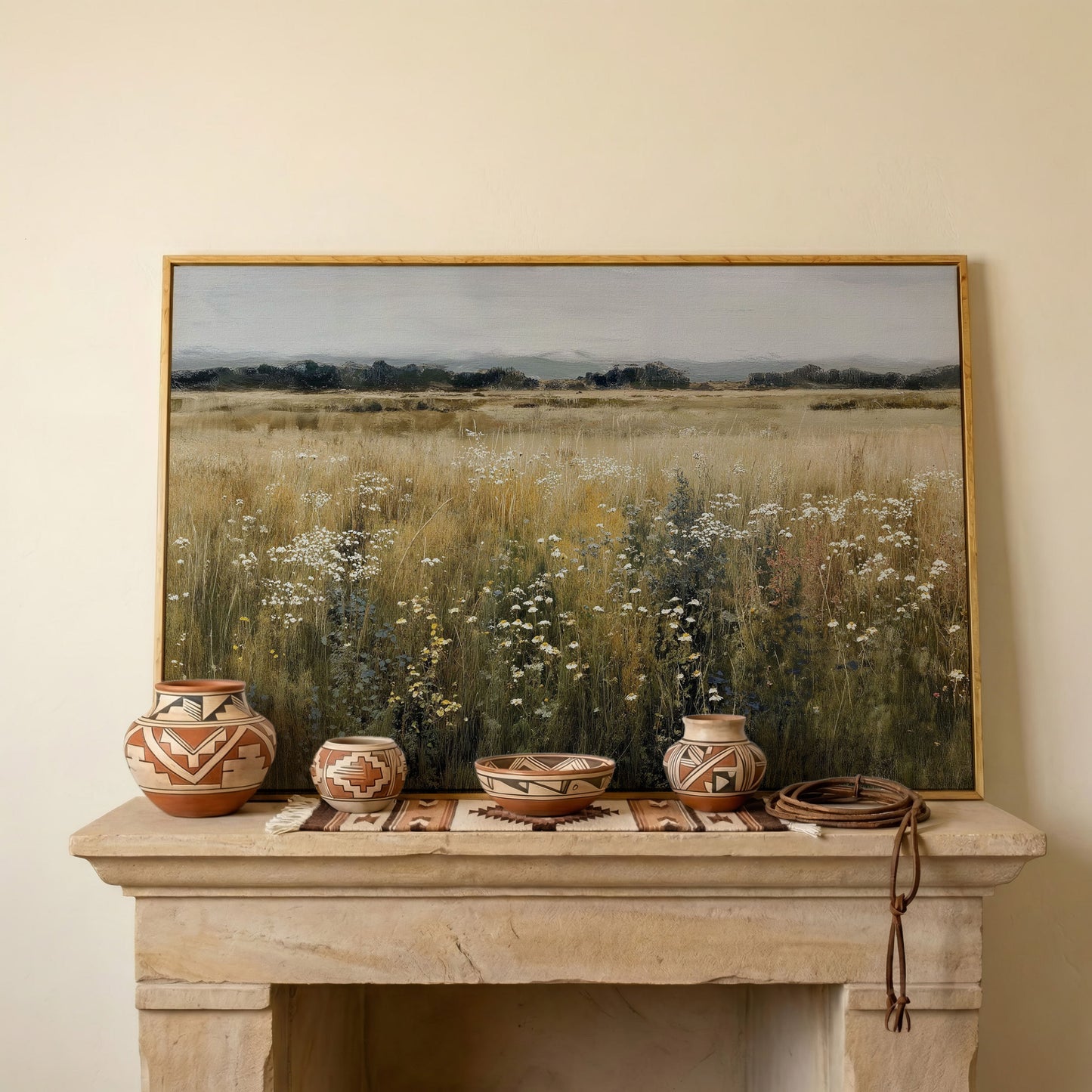 Prairie Wildflowers and Soft Sky. Landscape Canvas Art in white oak floating frame