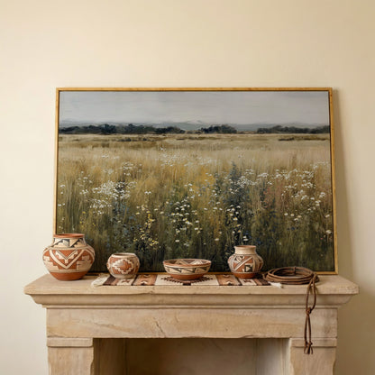 Prairie Wildflowers and Soft Sky. Landscape Canvas Art in white oak floating frame