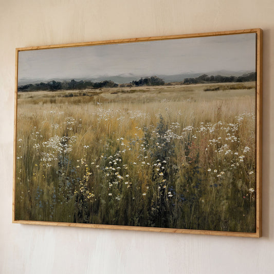 Prairie Wildflowers and Soft Sky. Landscape Canvas Art shown in white oak floating frame