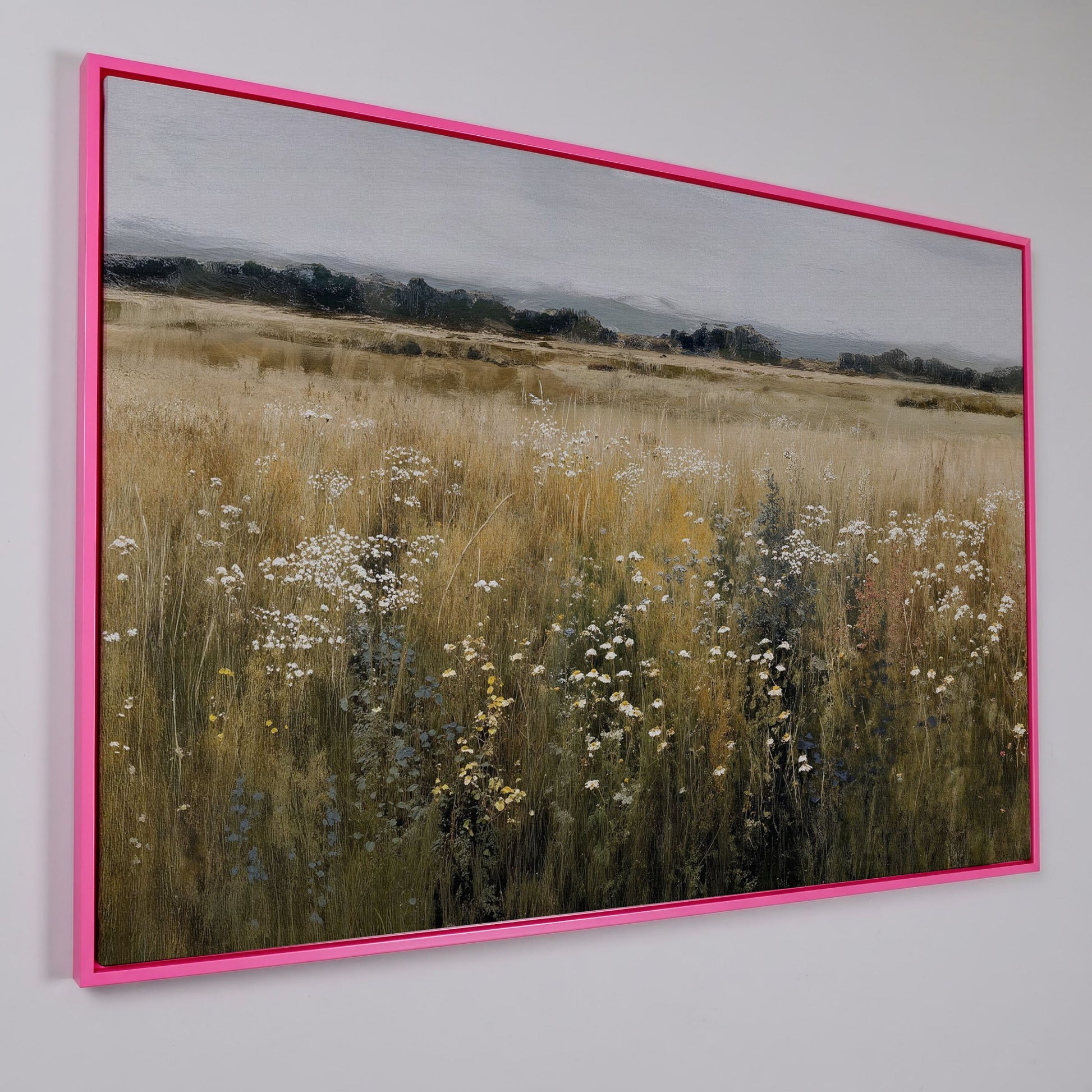 Prairie Wildflowers and Soft Sky. Landscape Canvas Art in pink floating frame