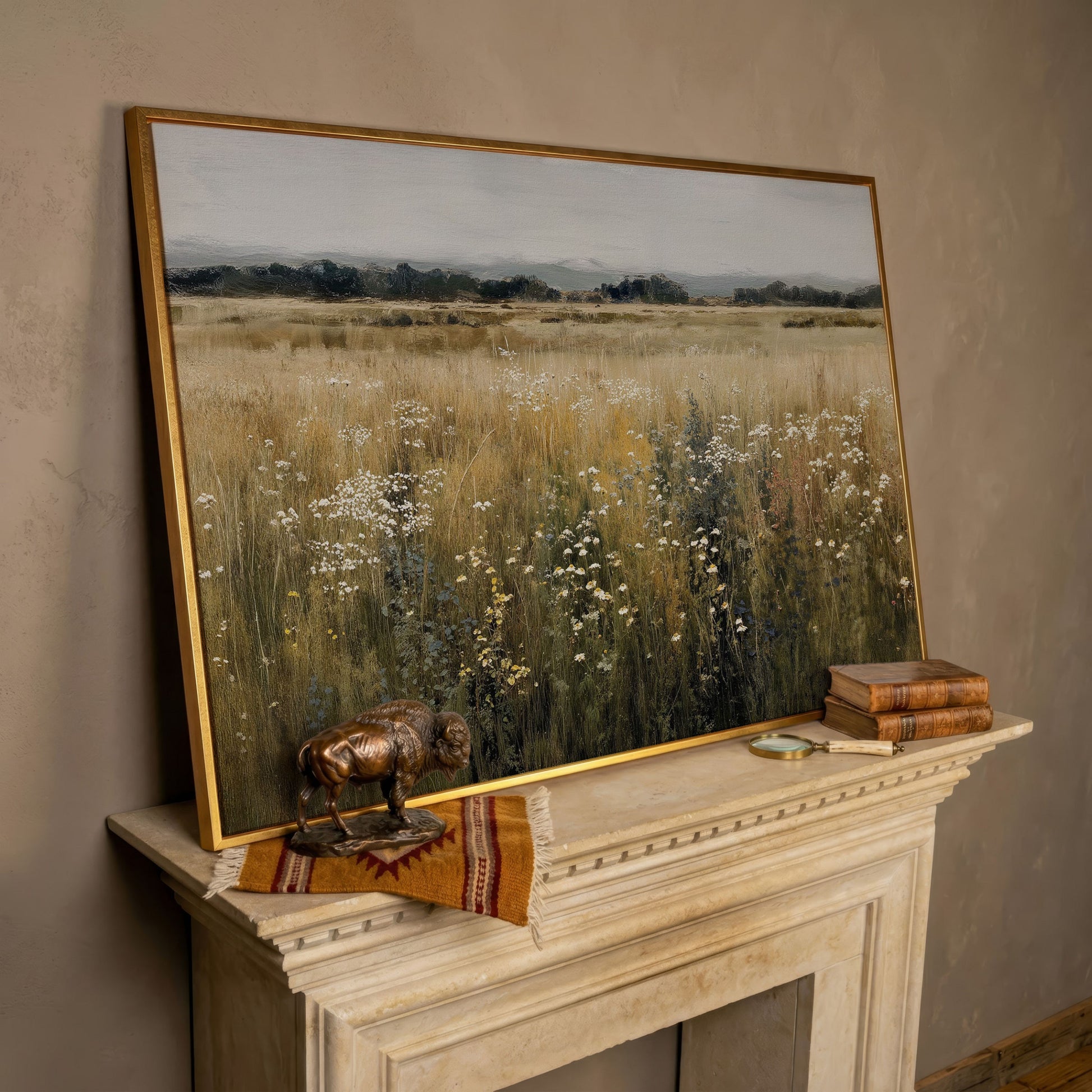 Prairie Wildflowers and Soft Sky. Landscape Canvas Art in rose gold floating frame