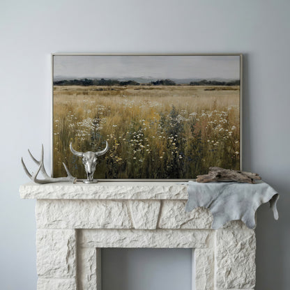 Prairie Wildflowers and Soft Sky. Landscape Canvas Art in silver floating frame