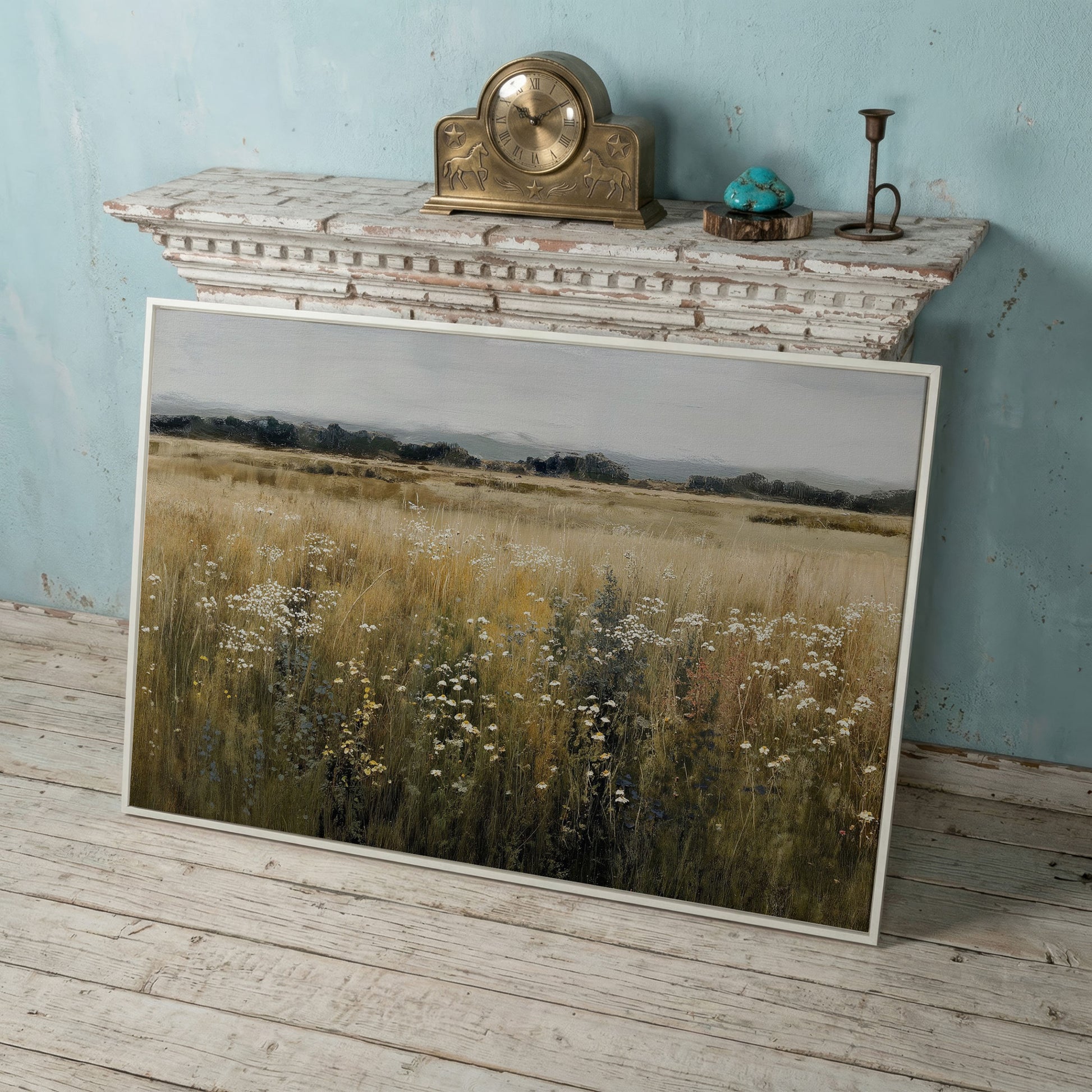 Prairie Wildflowers and Soft Sky. Landscape Canvas Art in white floating frame
