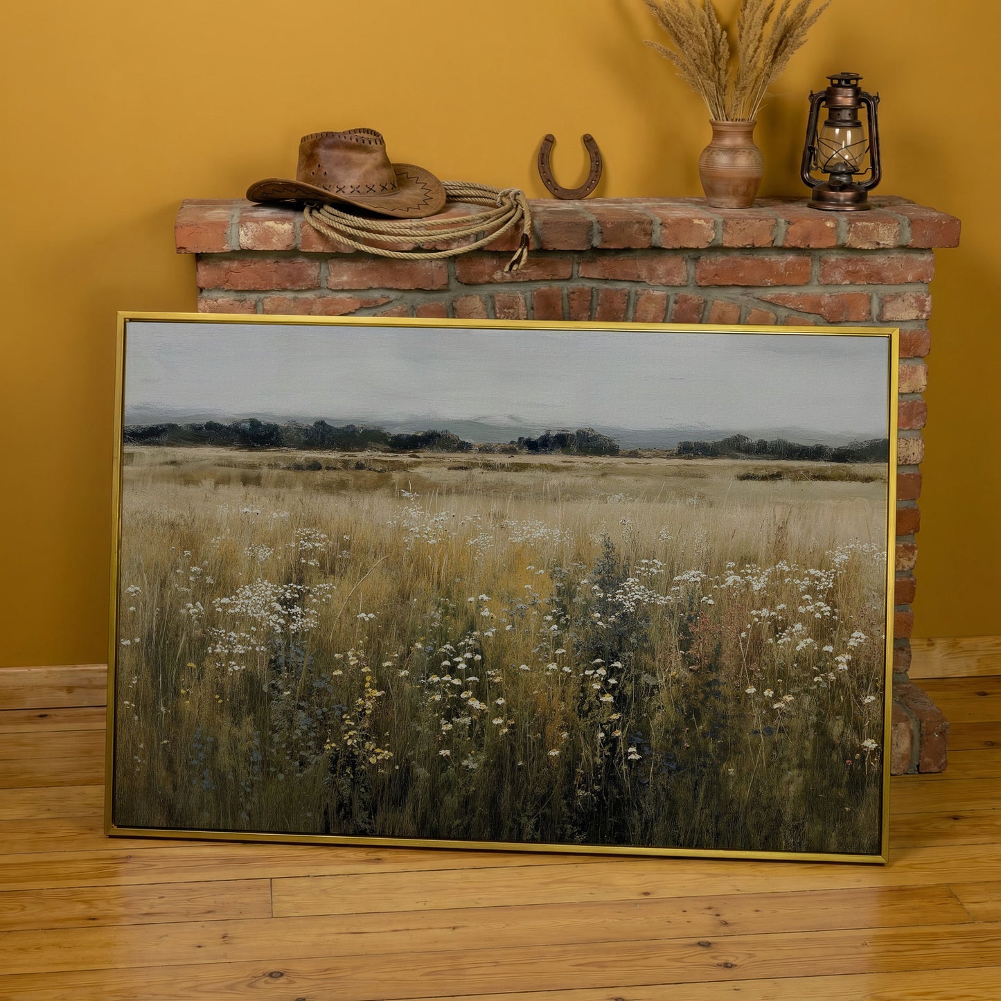 Prairie Wildflowers and Soft Sky. Landscape Canvas Art in yellow gold floating frame