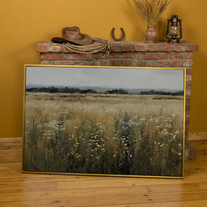Prairie Wildflowers and Soft Sky. Landscape Canvas Art in yellow gold floating frame