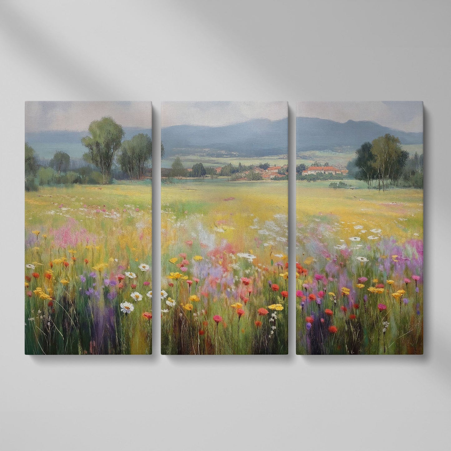 Wildflower Meadow and Rolling Hills Landscape Canvas Art as 3-panel split version