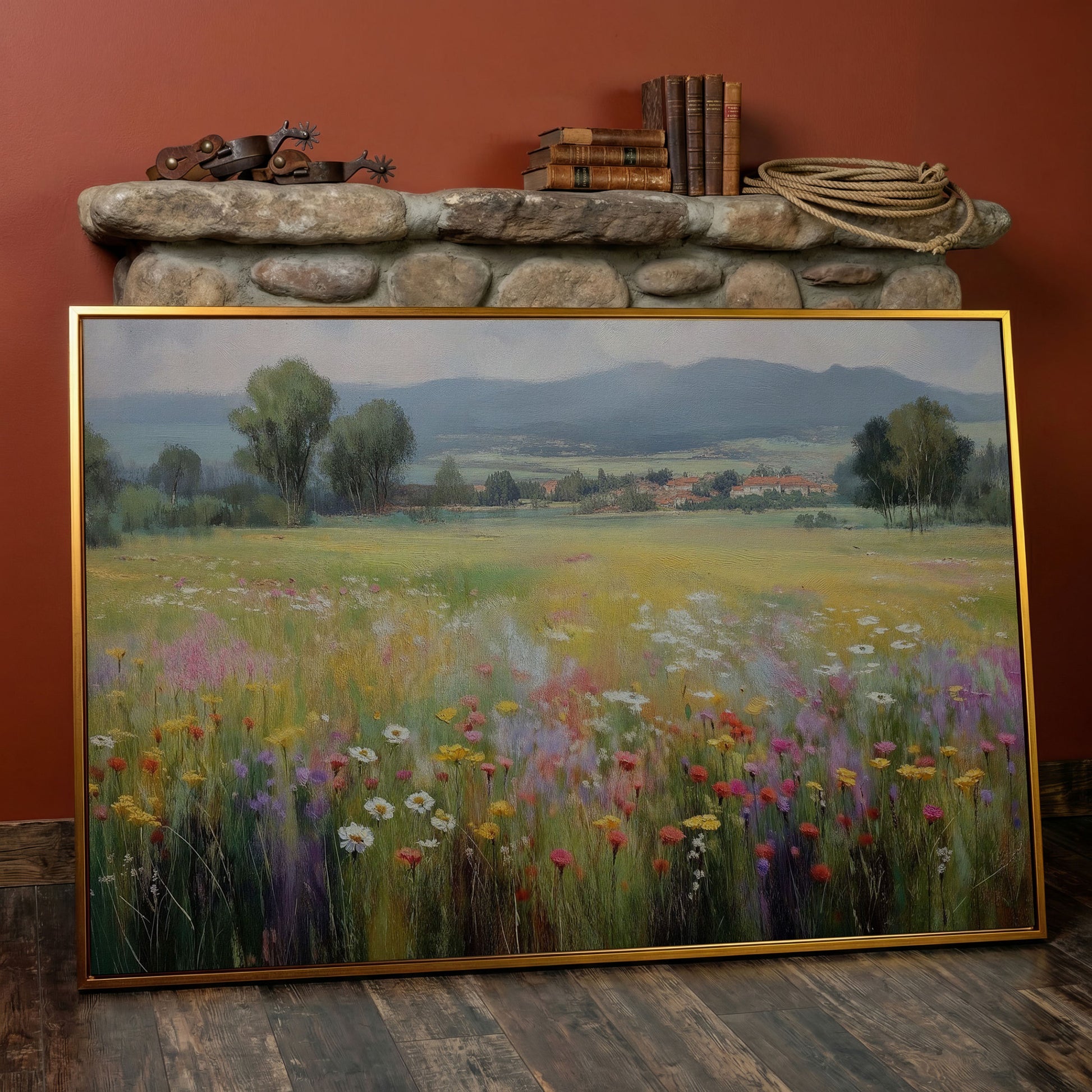 Wildflower Meadow and Rolling Hills Landscape Canvas Art in antique gold floating frame