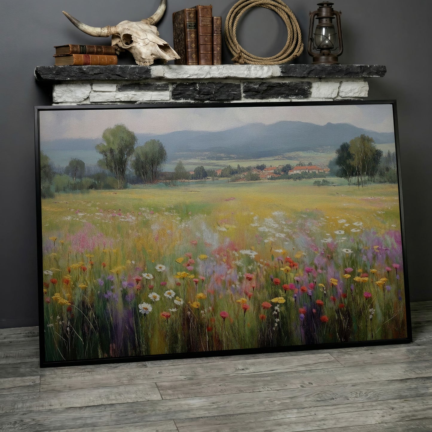 Wildflower Meadow and Rolling Hills Landscape Canvas Art in black floating frame