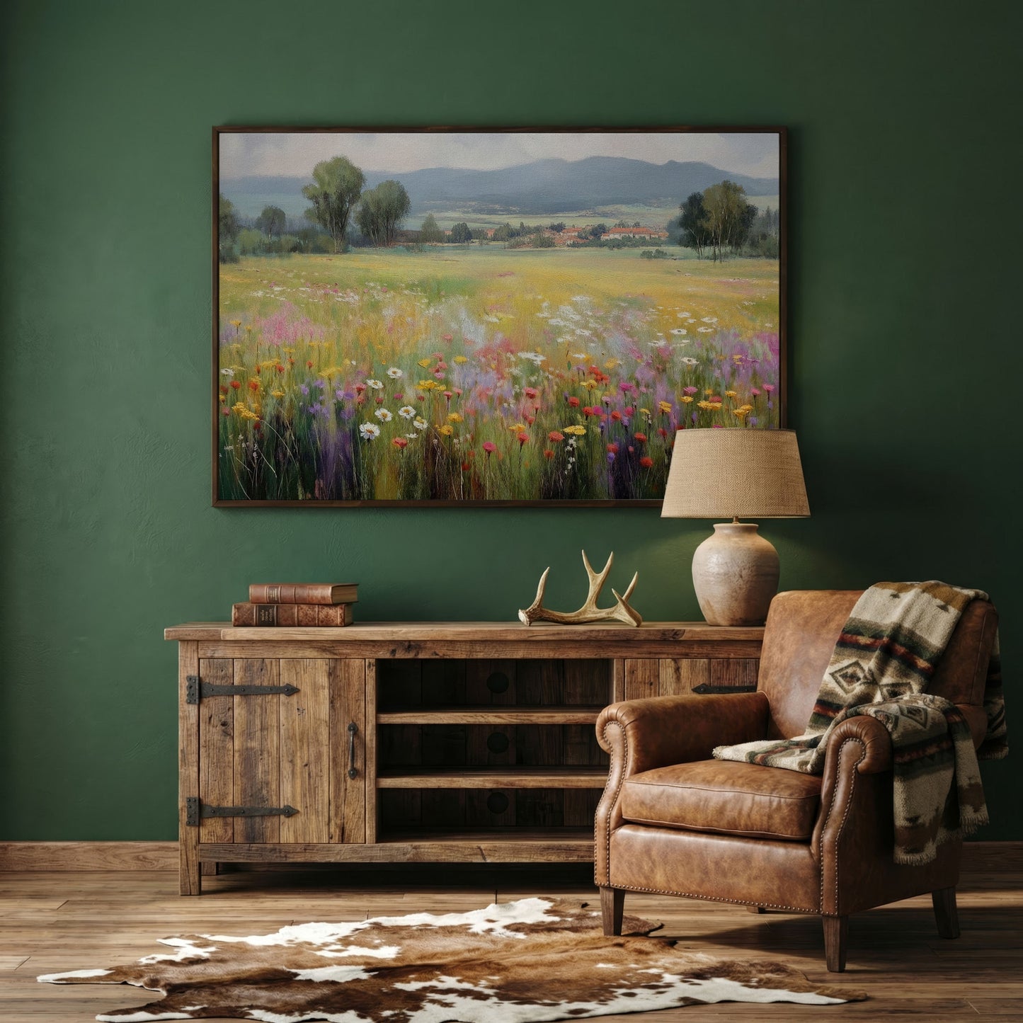 Wildflower Meadow and Rolling Hills Landscape Canvas Art in dark walnut floating frame
