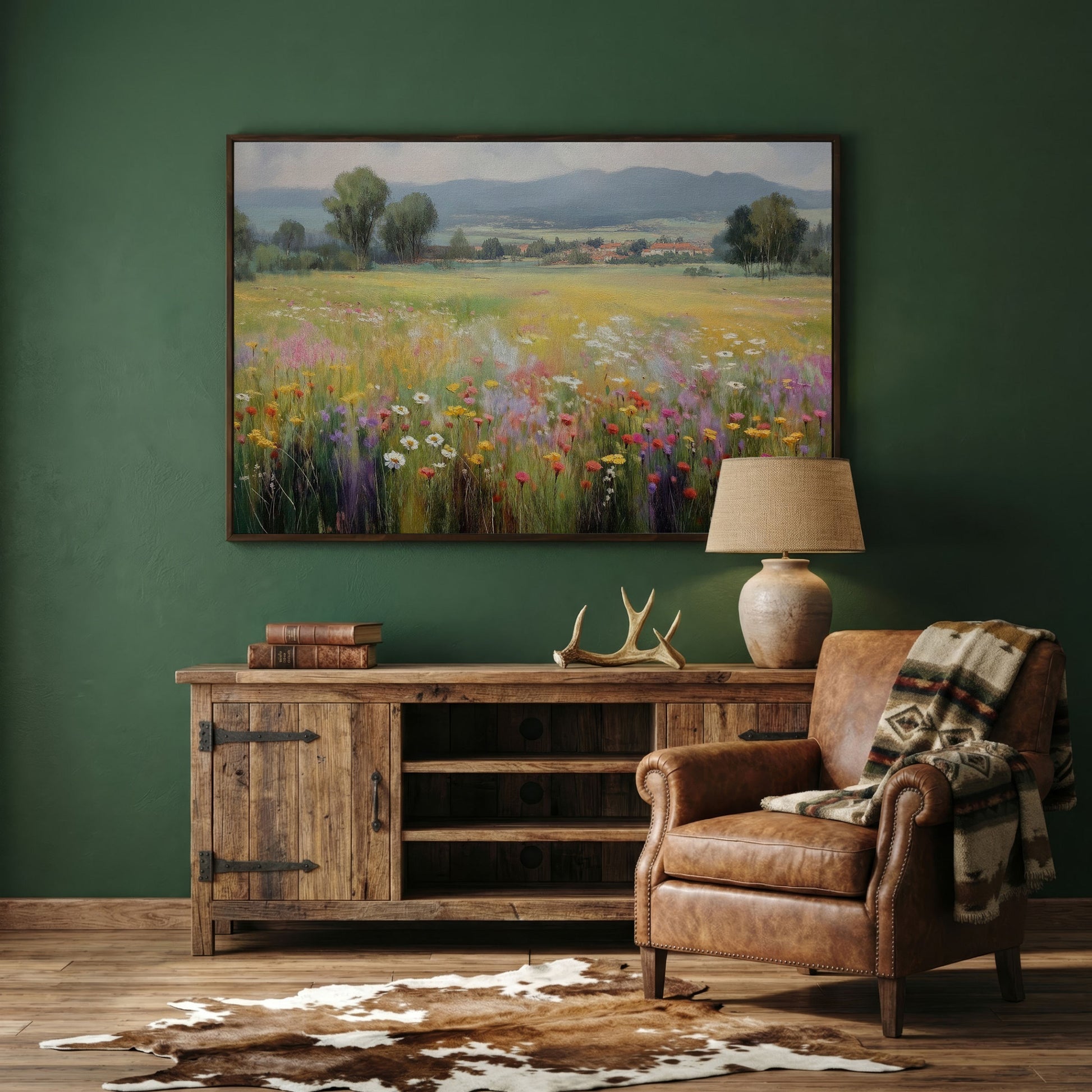Wildflower Meadow and Rolling Hills Landscape Canvas Art in dark walnut floating frame