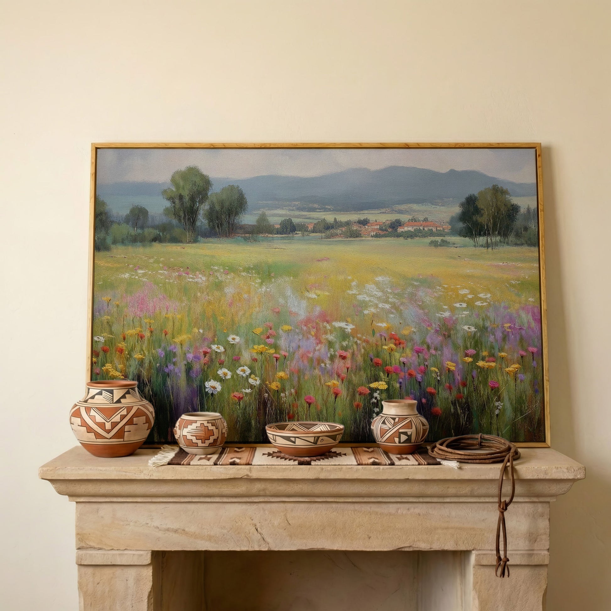 Wildflower Meadow and Rolling Hills Landscape Canvas Art in white oak floating frame