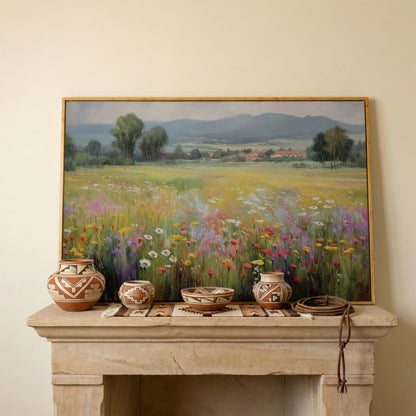 Wildflower Meadow and Rolling Hills Landscape Canvas Art in white oak floating frame