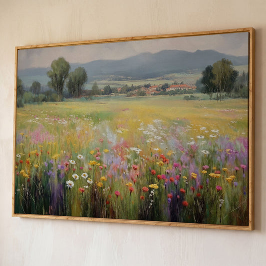 Wildflower Meadow and Rolling Hills Landscape Canvas Art shown in white oak floating frame