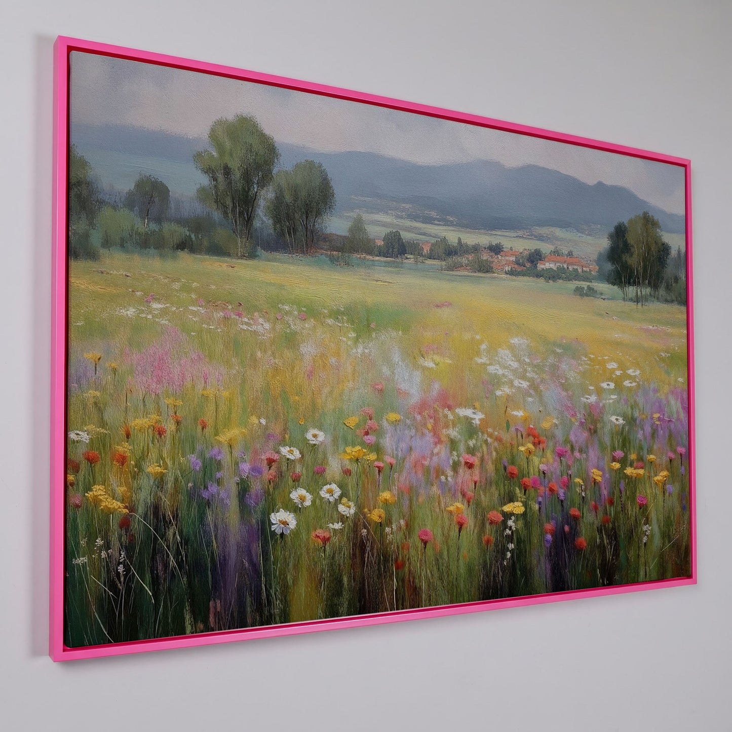 Wildflower Meadow and Rolling Hills Landscape Canvas Art in pink floating frame