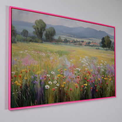 Wildflower Meadow and Rolling Hills Landscape Canvas Art in pink floating frame