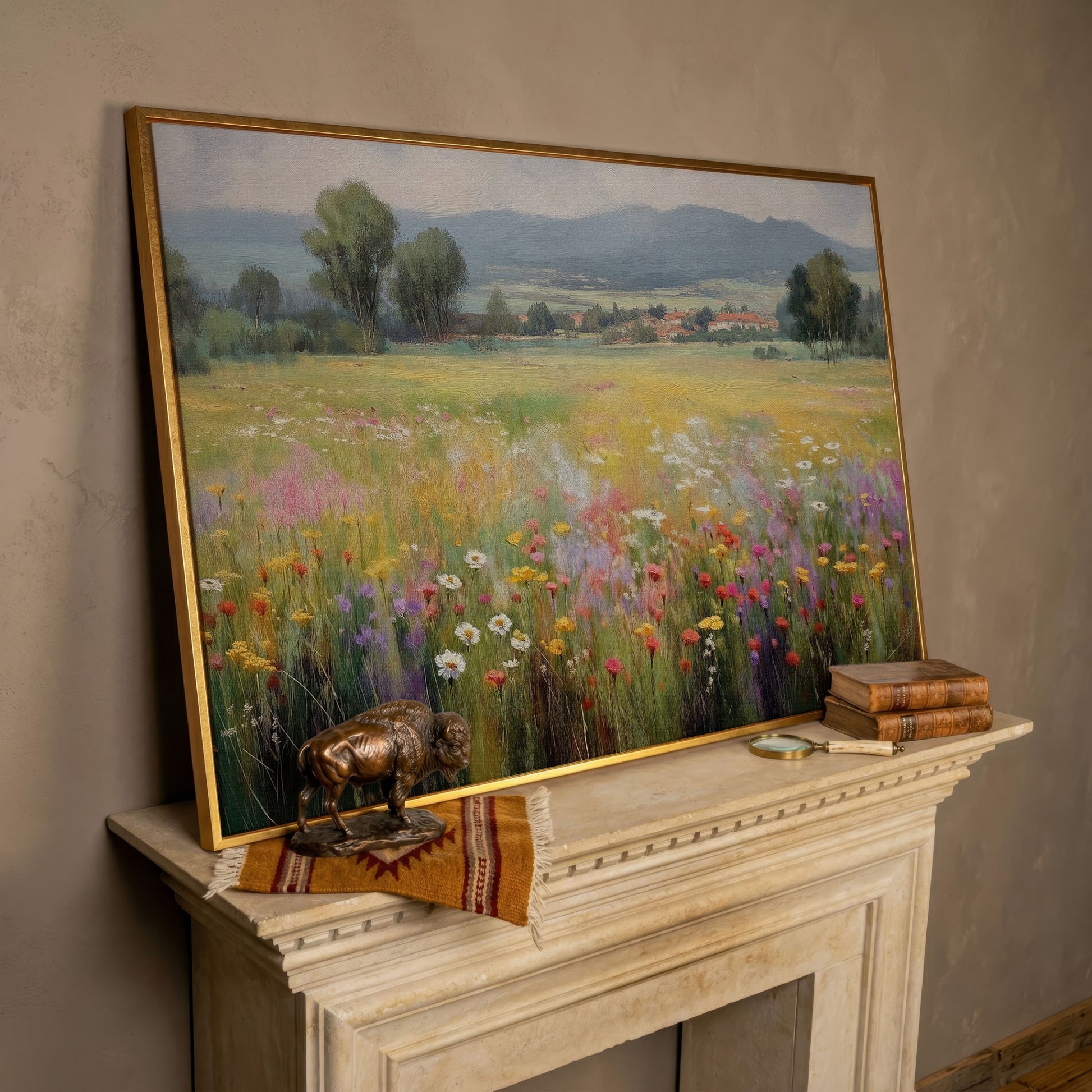 Wildflower Meadow and Rolling Hills Landscape Canvas Art in rose gold floating frame