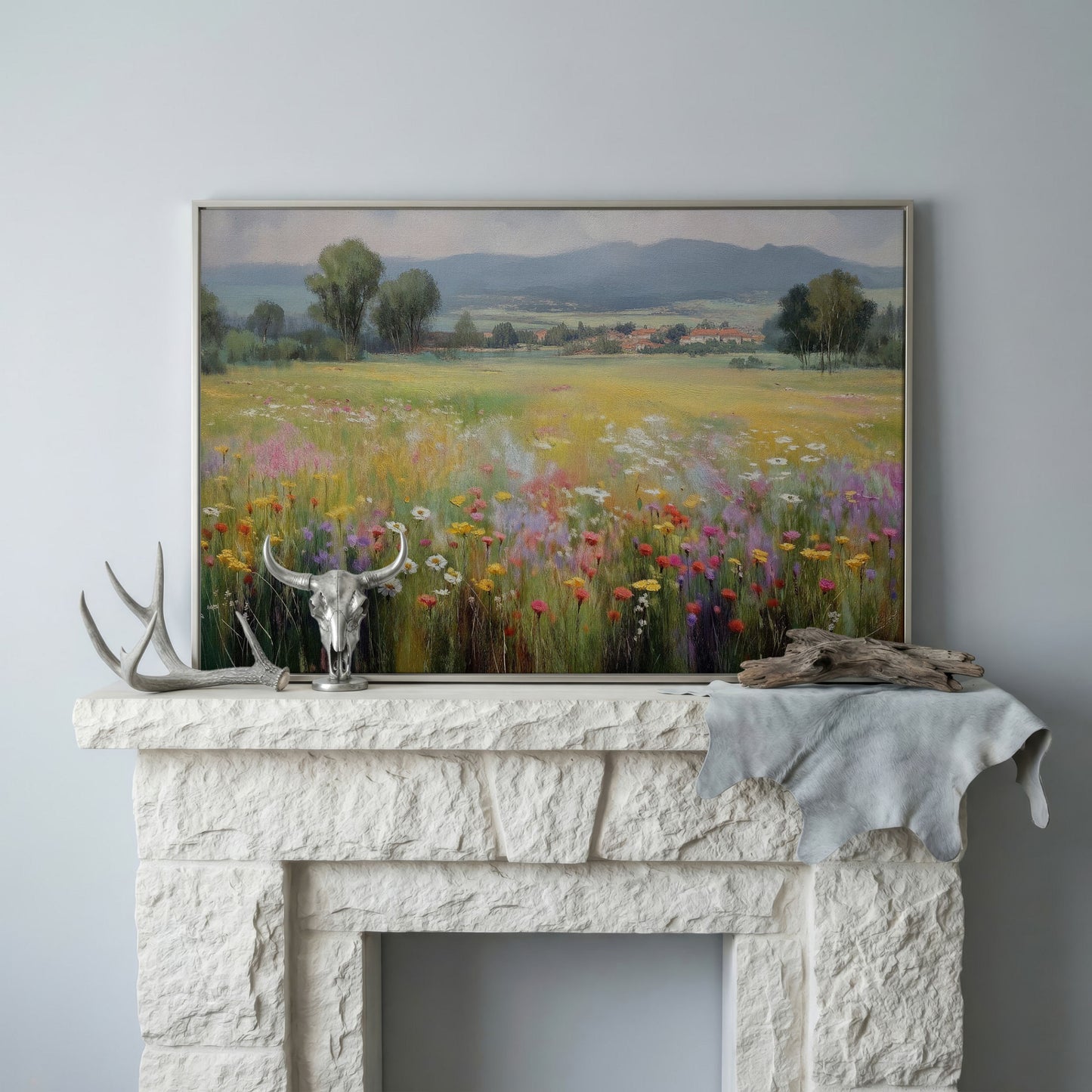 Wildflower Meadow and Rolling Hills Landscape Canvas Art in silver floating frame