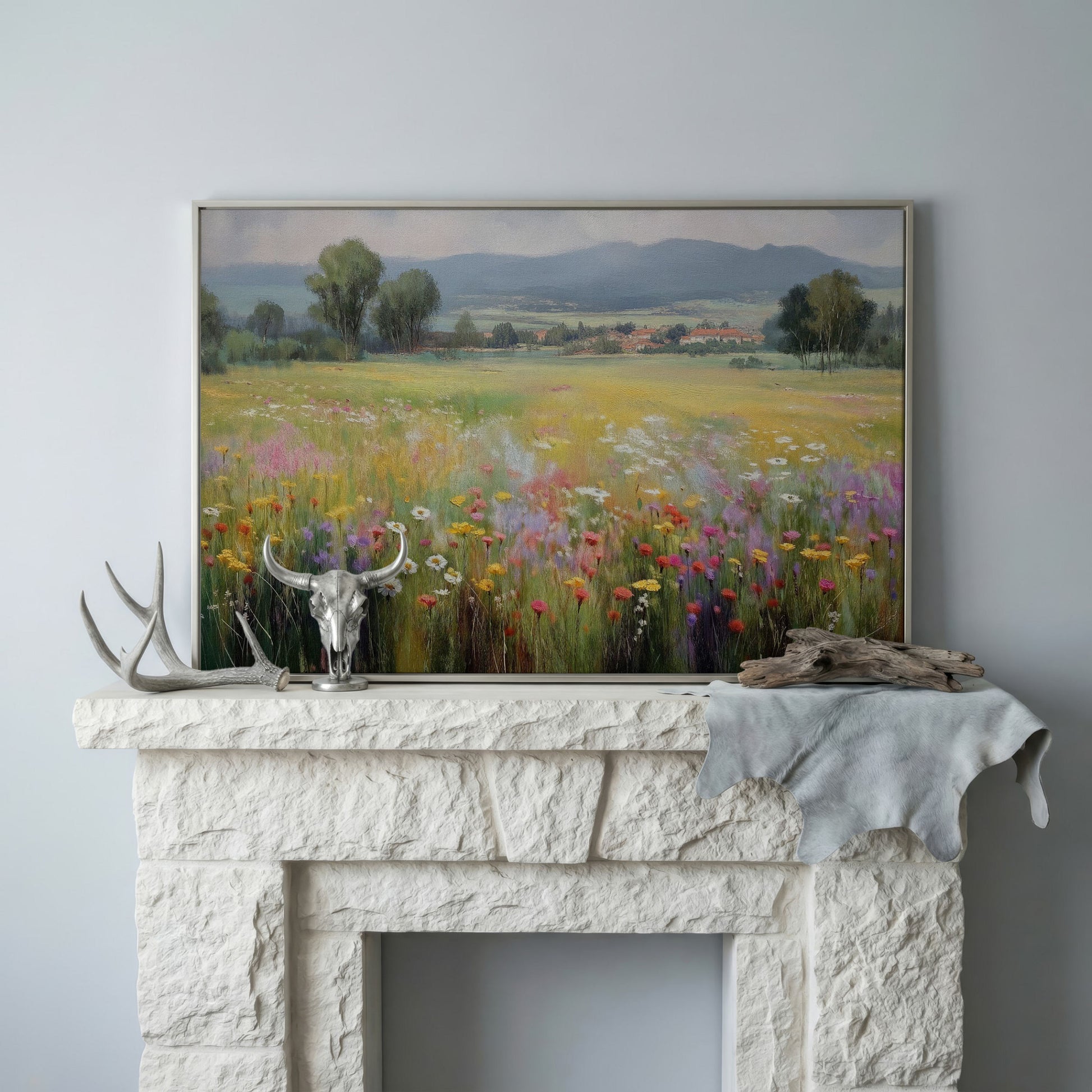 Wildflower Meadow and Rolling Hills Landscape Canvas Art in silver floating frame