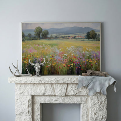 Wildflower Meadow and Rolling Hills Landscape Canvas Art in silver floating frame
