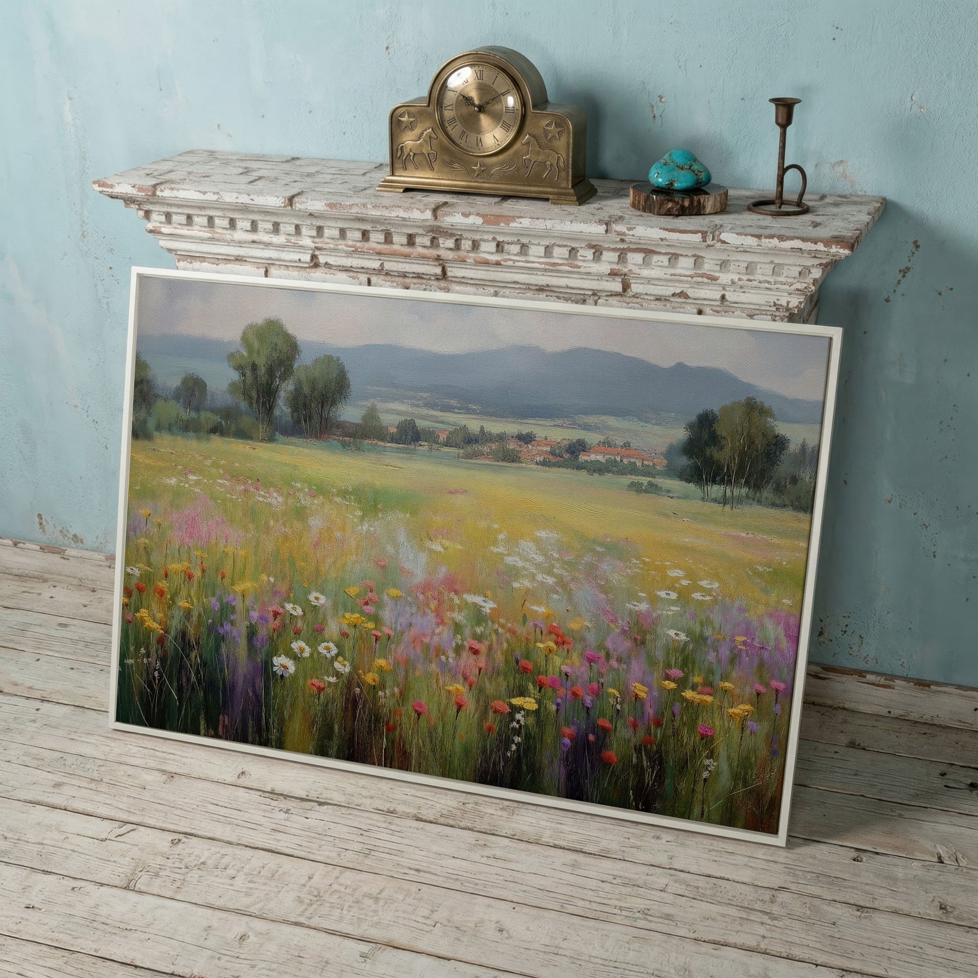 Wildflower Meadow and Rolling Hills Landscape Canvas Art in white floating frame