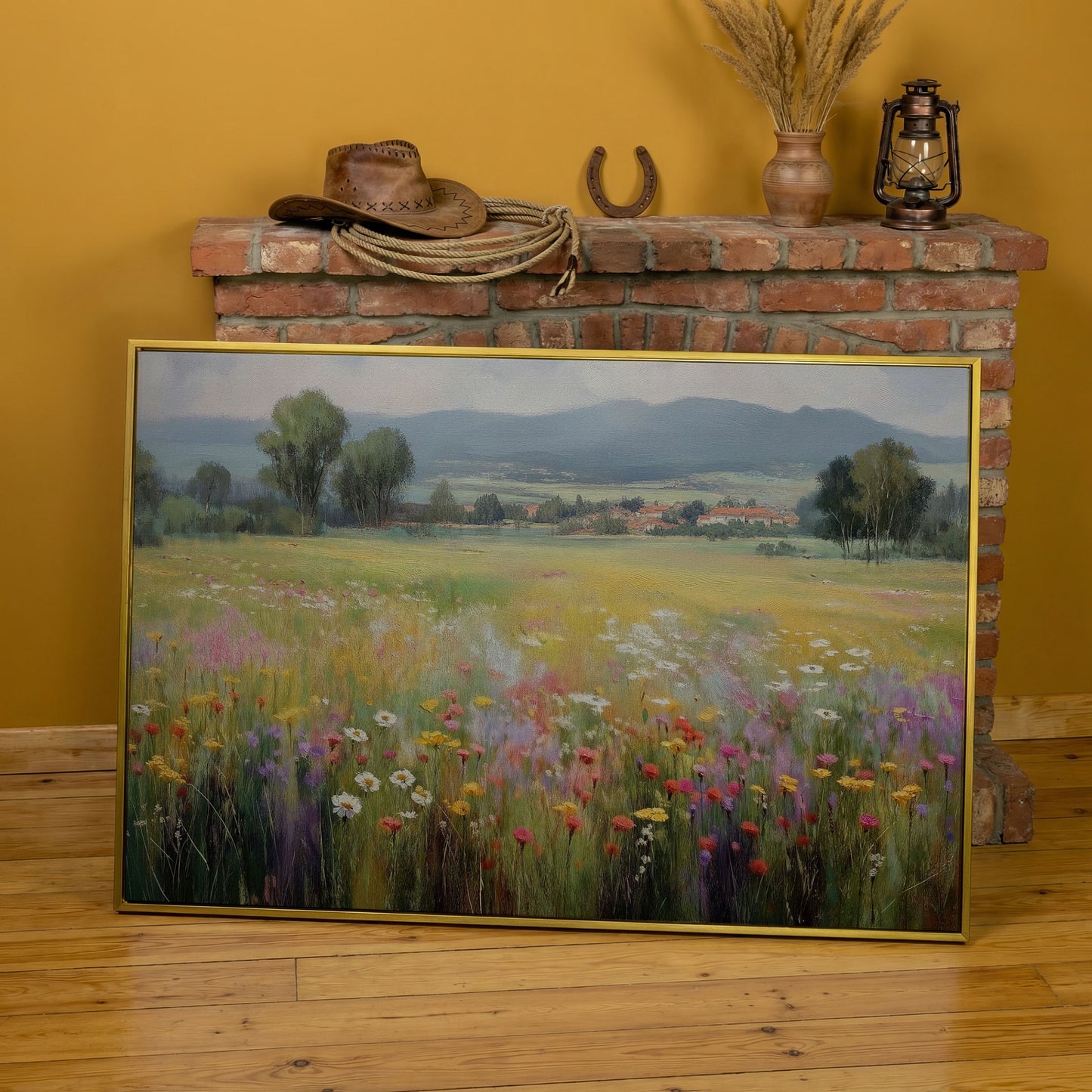 Wildflower Meadow and Rolling Hills Landscape Canvas Art in yellow gold floating frame