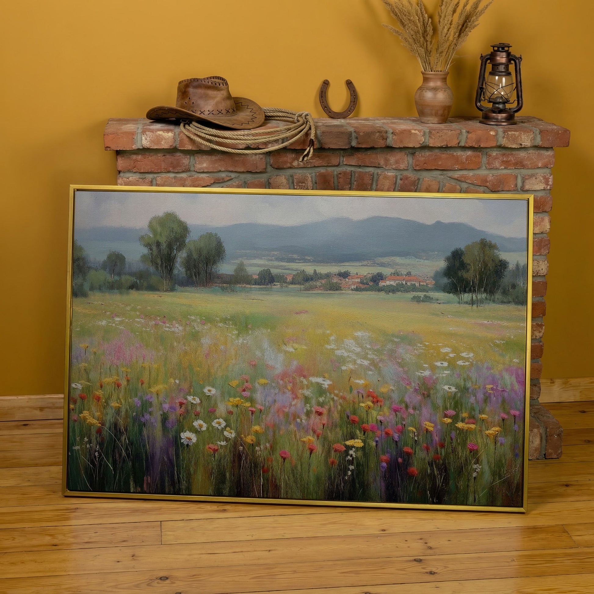 Wildflower Meadow and Rolling Hills Landscape Canvas Art in yellow gold floating frame