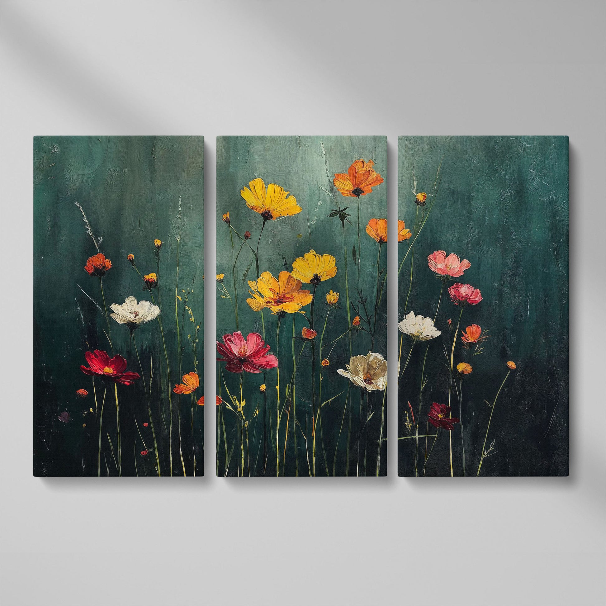 Cosmos Wildflower Field Canvas Wall Art, Floral Botanical Print as 3-panel split version