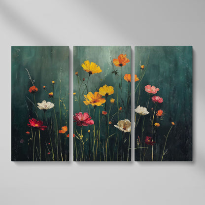 Cosmos Wildflower Field Canvas Wall Art, Floral Botanical Print as 3-panel split version