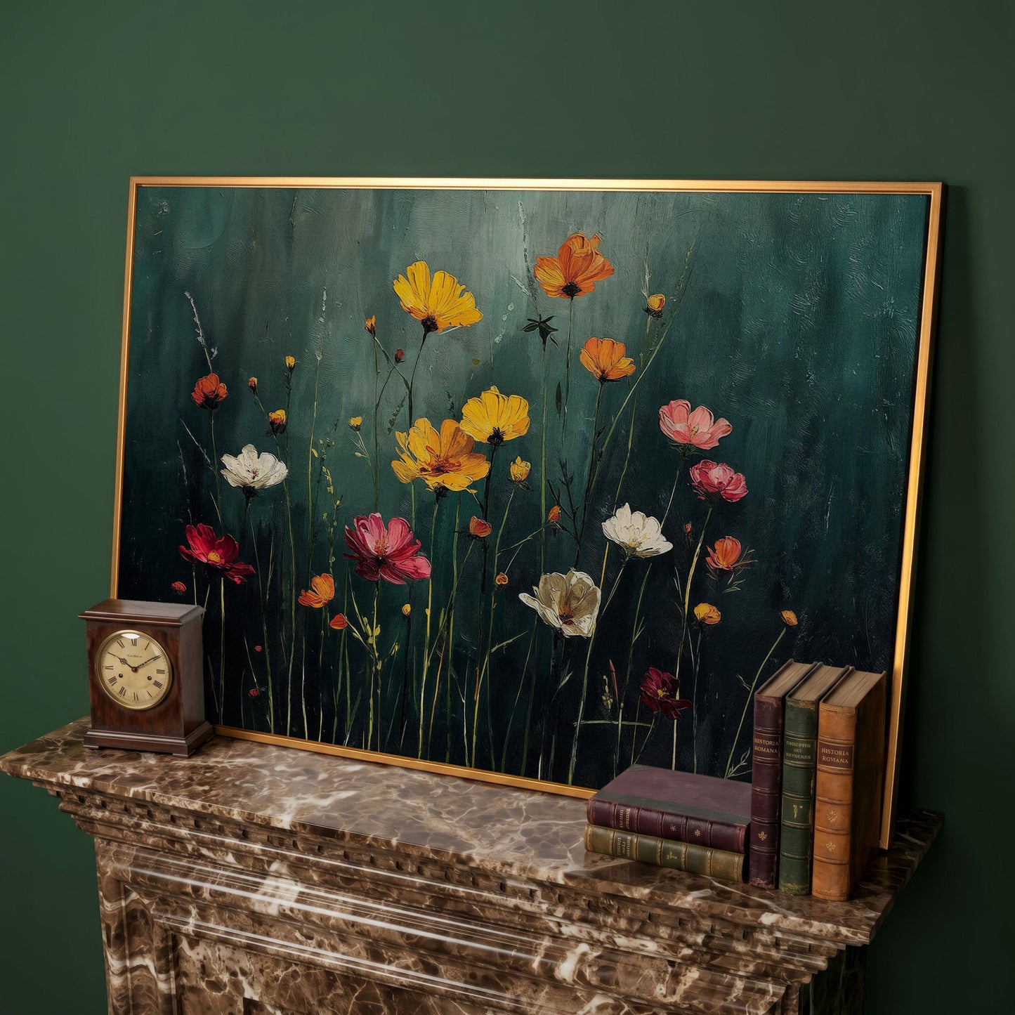 Cosmos Wildflower Field Canvas Wall Art, Floral Botanical Print in antique gold floating frame
