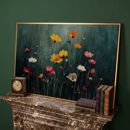 Cosmos Wildflower Field Canvas Wall Art, Floral Botanical Print in antique gold floating frame