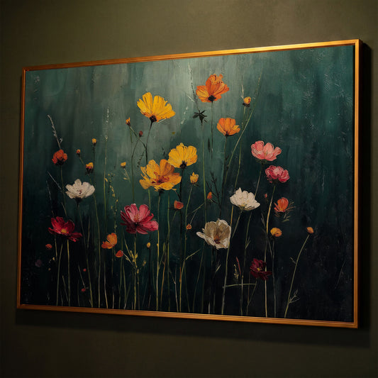 Cosmos Wildflower Field Canvas Wall Art, Floral Botanical Print shown in antique gold floating frame