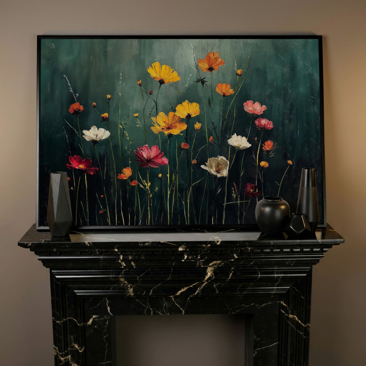 Cosmos Wildflower Field Canvas Wall Art, Floral Botanical Print in black floating frame