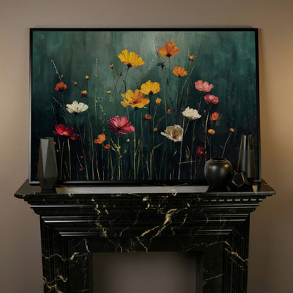 Cosmos Wildflower Field Canvas Wall Art, Floral Botanical Print in black floating frame