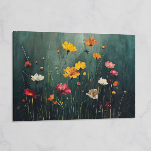 Cosmos Wildflower Field Canvas Wall Art, Floral Botanical Print on gallery wrap