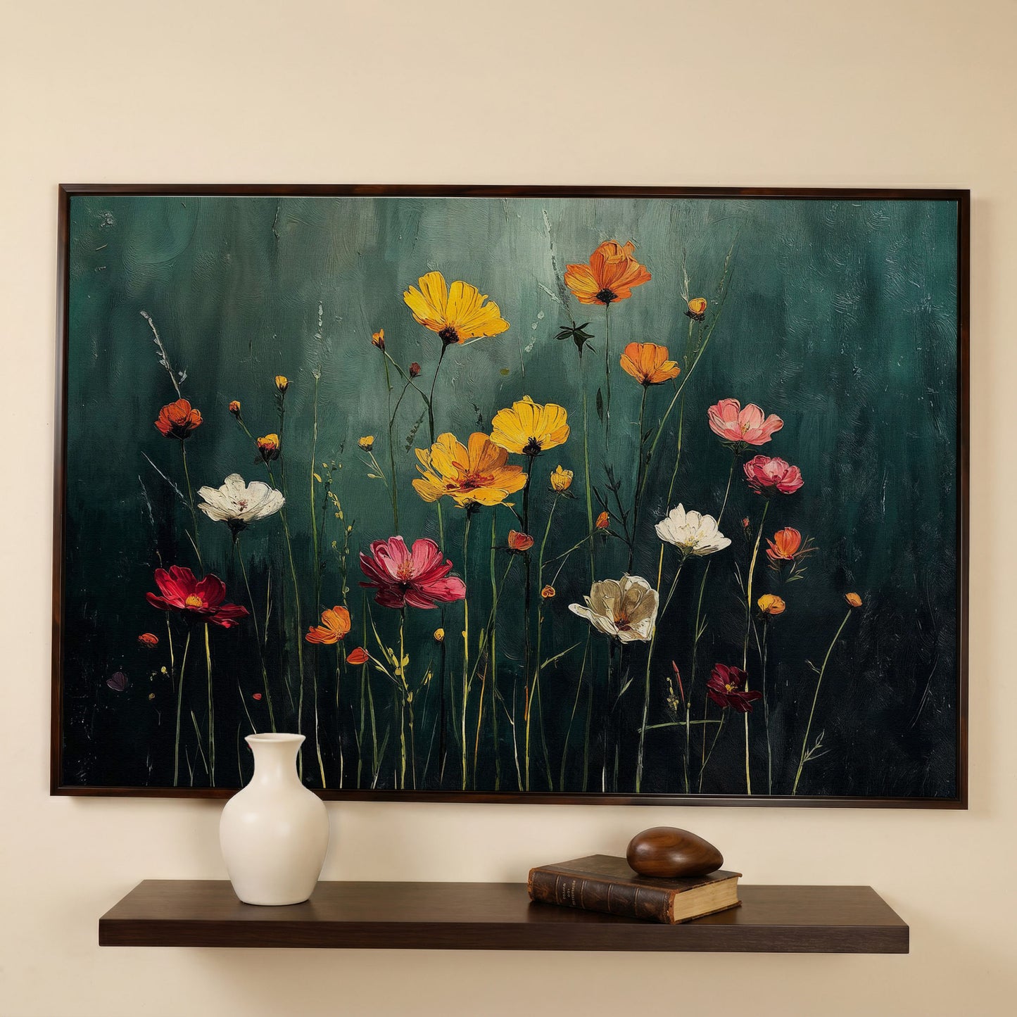 Cosmos Wildflower Field Canvas Wall Art, Floral Botanical Print in dark walnut floating frame