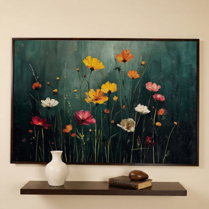 Cosmos Wildflower Field Canvas Wall Art, Floral Botanical Print in dark walnut floating frame