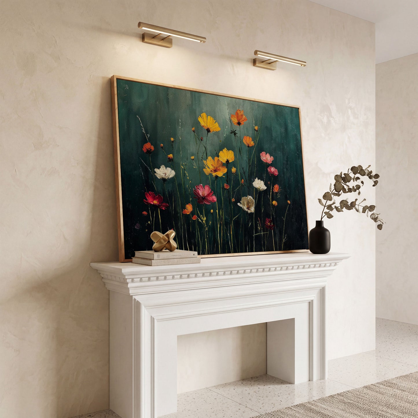 Cosmos Wildflower Field Canvas Wall Art, Floral Botanical Print in white oak floating frame