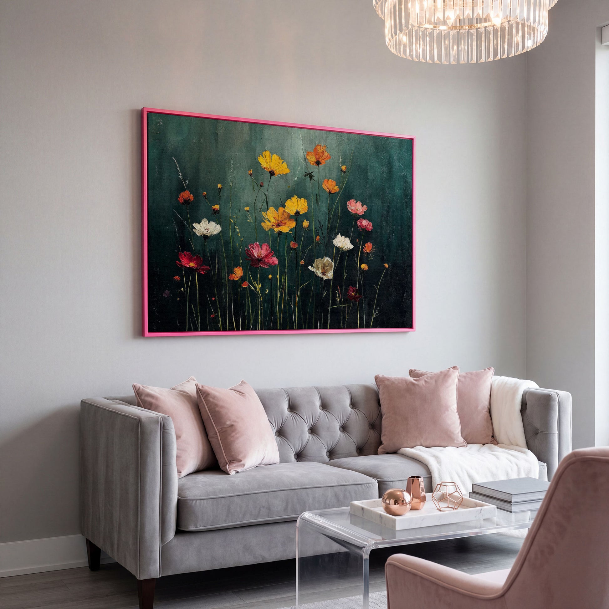 Cosmos Wildflower Field Canvas Wall Art, Floral Botanical Print in pink floating frame
